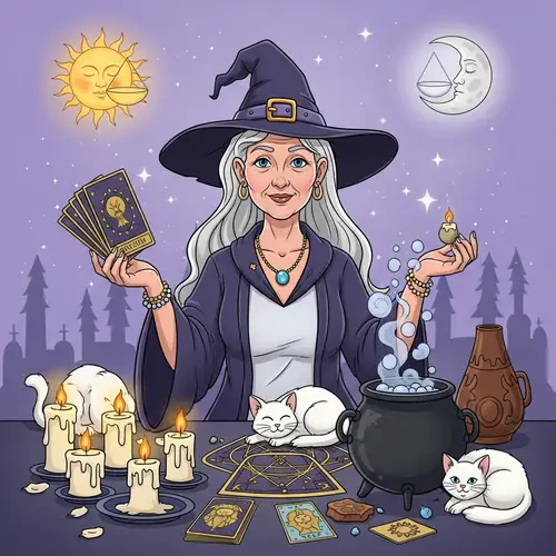 Compassionate White Witch with Tarot, Cats, and Magic