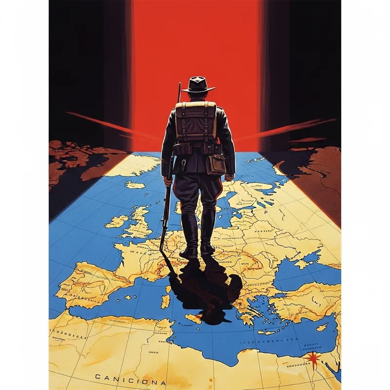 Soldier Over Europe Map - Vibrant 90s Japanese Poster Art