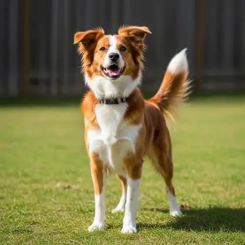 Cheerful Brown and White Dog in Sunny Backyard