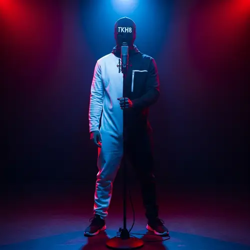 Masked UK Drill Rapper with 'TKH⁸' Mask Performing in Unique Attire