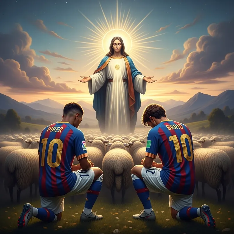 Messi and Ronaldo Kneeling Before Jesus in a Flock of Sheep