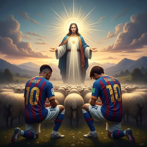 Soccer Players Reverently Kneeling Before Divine Figure