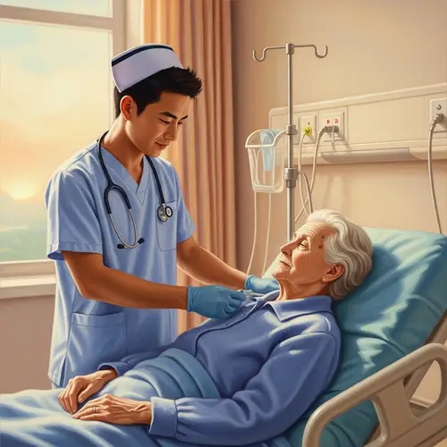Empathetic Nurse Caring for Elderly Patient in Serene Hospital Environment