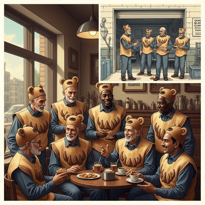 Elderly Men in Bear Claw Pastry Militia Uniforms Having Animated Conversation in Cozy Cafe