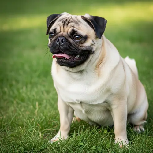 Adorable Fawn Pug Dog Sitting Contently on Green Grass