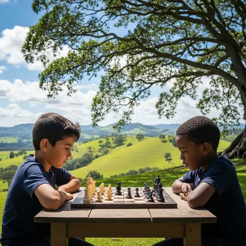 Intriguing Chess Match Between Hispanic and Black Boys Outdoors