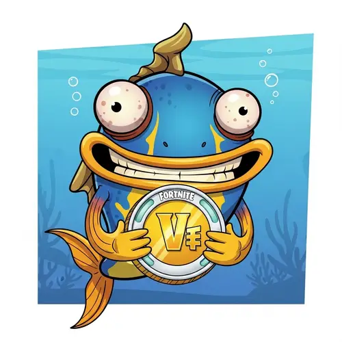 Cartoonish Goofy Fish with Fortnite V-Bucks Coin