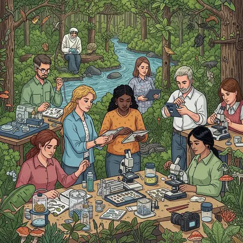 Diverse Biologists Conducting Environmental Study in Lush Woodland