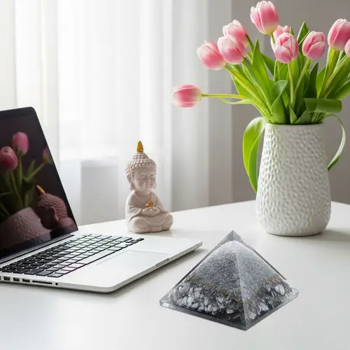 Shungite Crystal Pyramid on Desk | Buddha Figurine | Pink Tulips