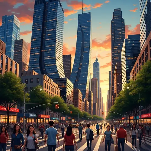 Vibrant Cityscape at Sunset | Abstract Skyscrapers & Diversity