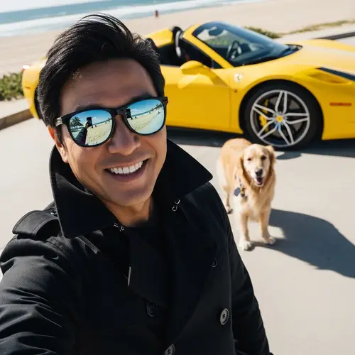 Smiling Man with Black Hair, Dog, and Yellow Ferrari on Beach