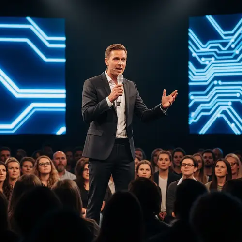 Futuristic Ideas Presentation: Inspiring Talk by Man in Dark Suit