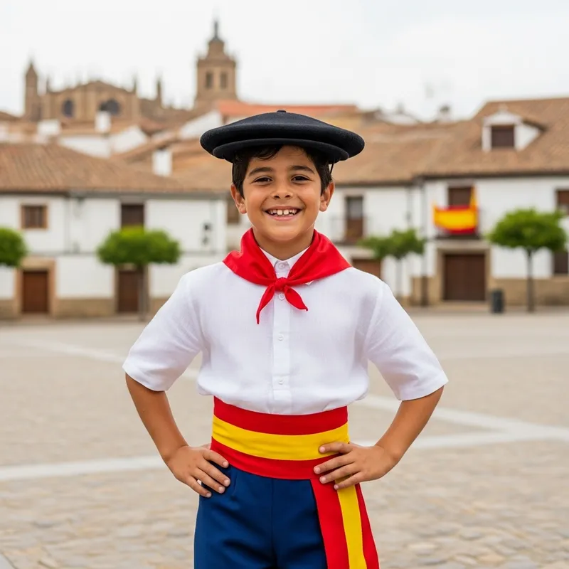Spanish Boy in Traditional Attire | Charming Town Backdrop