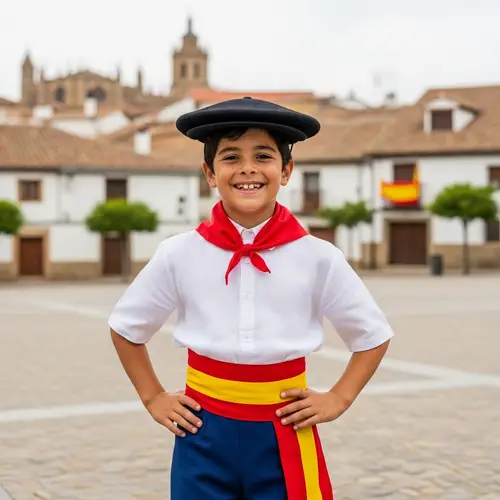 Young Spanish Boy in Traditional Attire | Charming Town Backdrop