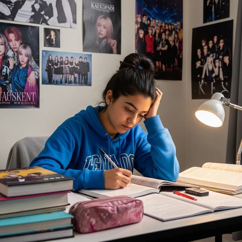 Teen Hispanic BTS Fan: Struggling Student with Music-Themed Lifestyle