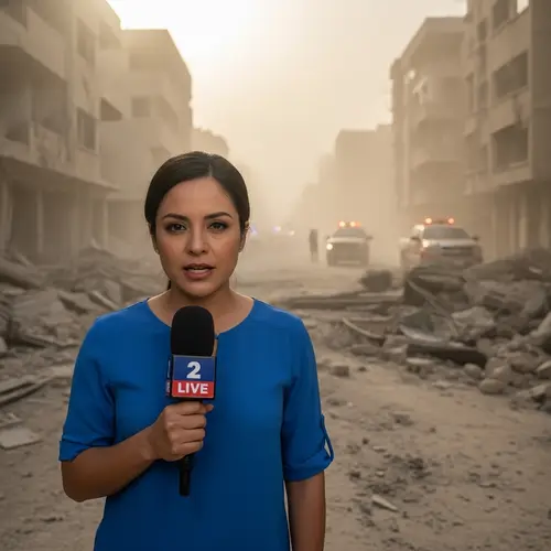 Hispanic Female Journalist Reporting from Dusty Conflict Zone