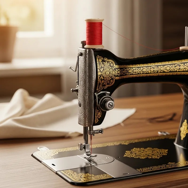 Vintage Sewing Machine on Wooden Table