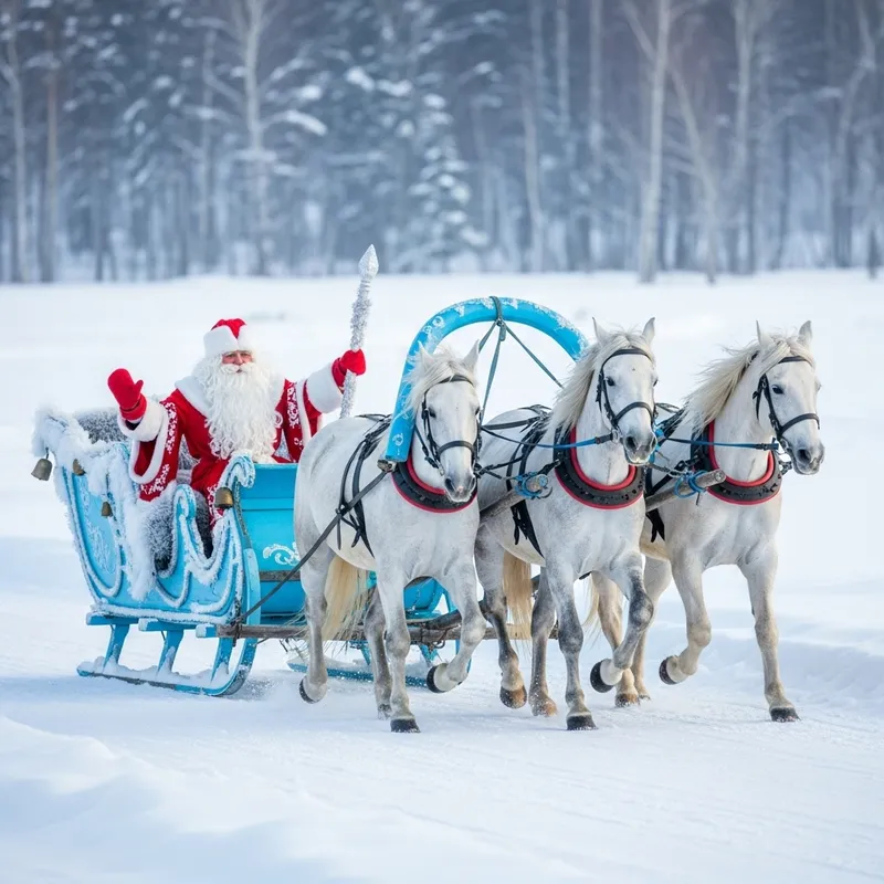 Russian Santa Claus Sleigh Ride - Blue Team Winter Scene