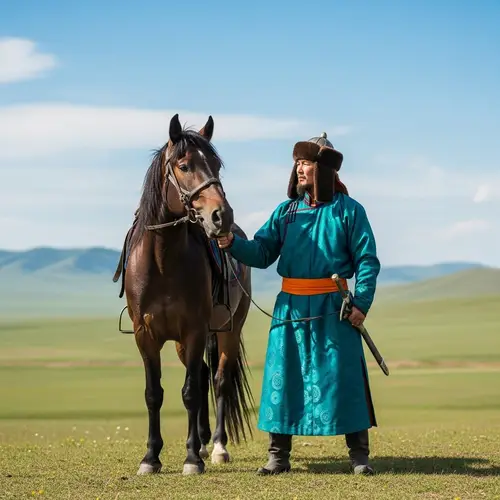 Mongolian Hero in Traditional Attire with Majestic Horse on Steppes