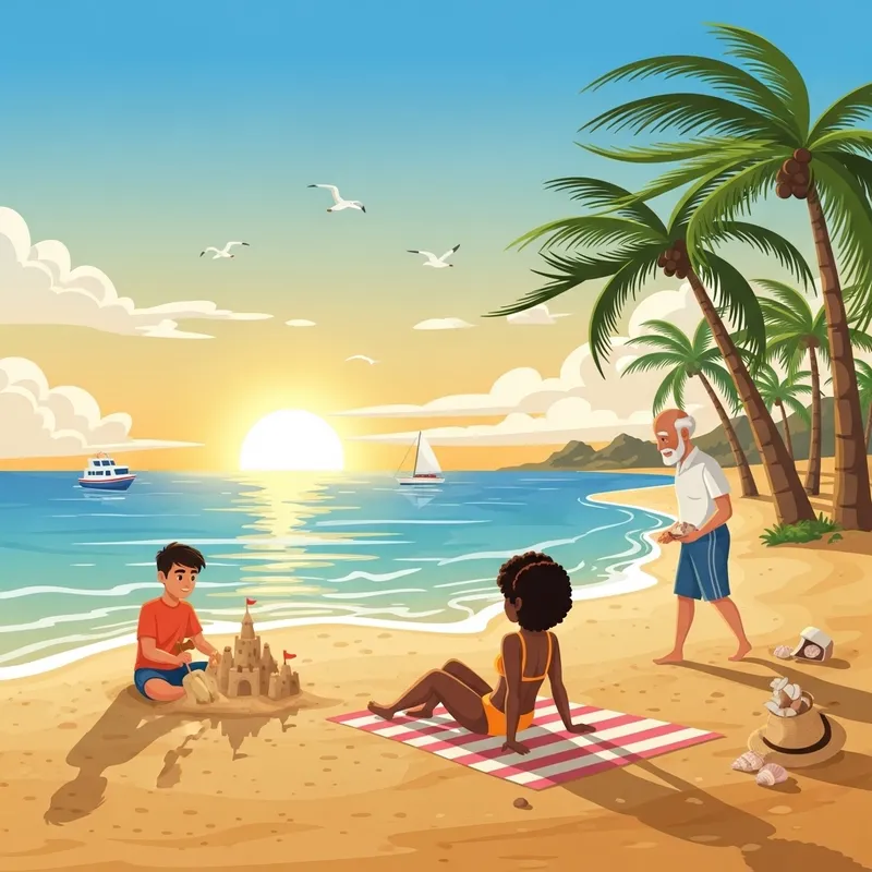 Tranquil Beach Scene at Sunset with Beachgoers of Various Ethnicities Tranquil Beach Scene at Sunset with Beachgoers of Various Ethnicities