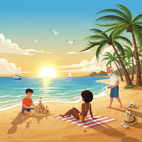 Tranquil Beach Scene at Sunset with Diverse Beachgoers