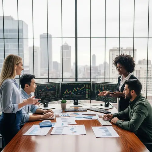 Diverse Group of Friends Analyzing Stock Market Trends in Modern Office