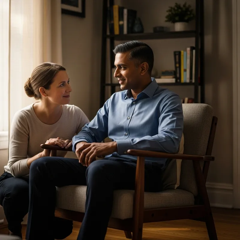 Inclusive Scene: South Asian Man and Caucasian Woman in Peaceful Conversation