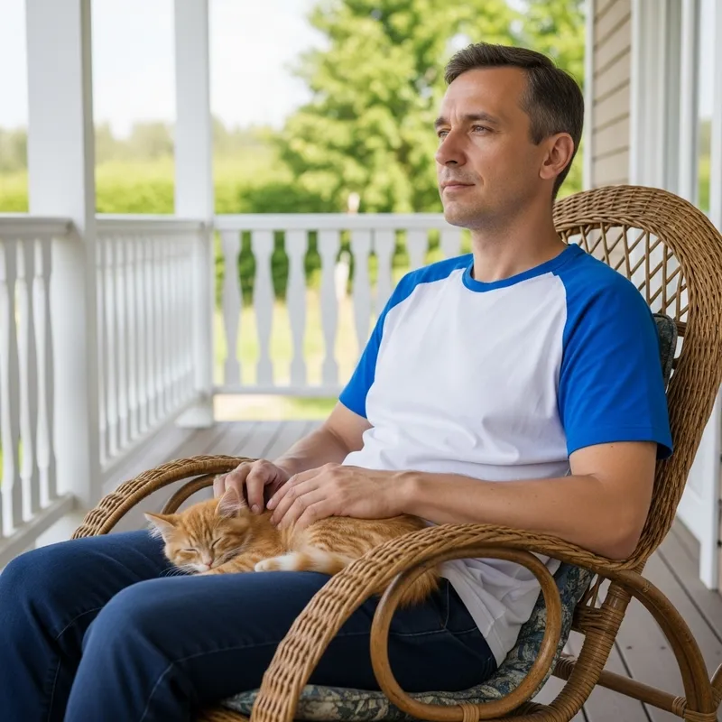Man with Sleeping Kitten on Wicker Rocking Chair - Summer Countryside Scene