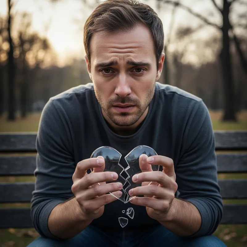 Regretful Brown-Haired Man Clutching Shattered Heart | Emotional Scene