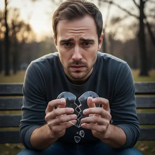 Regretful 30-Year-Old Man Holding Shattered Heart | Emotional Scene