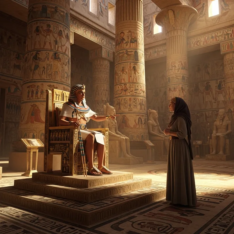 Caucasian Woman Converses with Pharaoh in Grand Palace