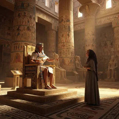 Caucasian Woman Converses with Pharaoh in Grand Palace