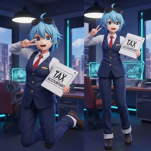 Endearing 3D Anime Tax Accountant | Cyberpunk-Inspired Office