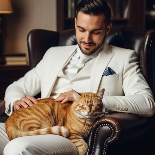 Man in White Formal Suit Sitting with Cat on Lap
