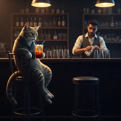 Feline Creature at Bar Enjoying Long Island Iced Tea
