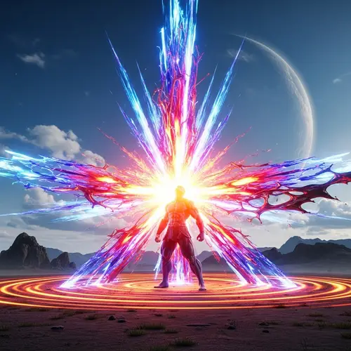 Muscular Character Emitting Powerful Energy in Fiery Colors