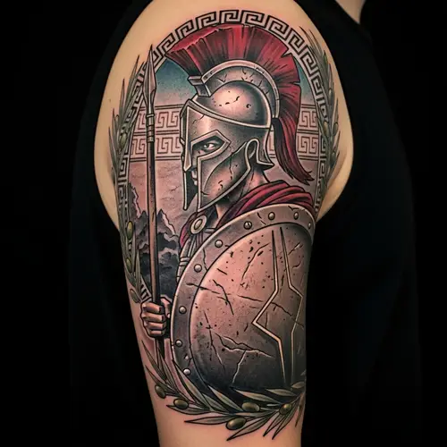 Spartan Tattoo Design with Hoplite Soldier and Greek Symbols