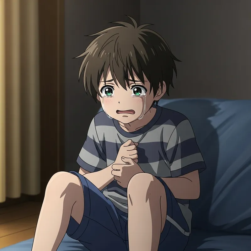 Crying Boy with Blue Shorts and Striped Shirt