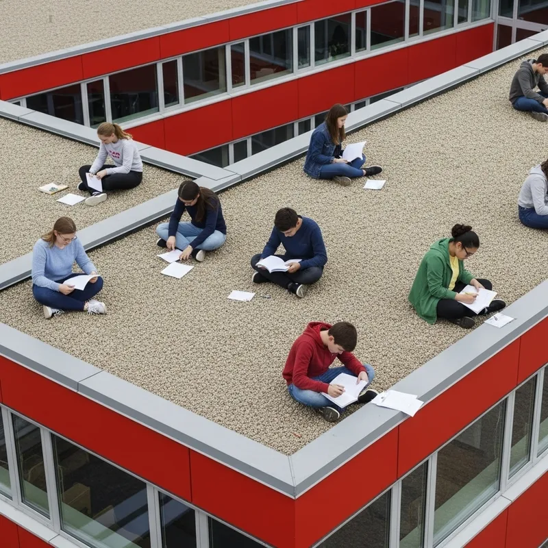 Dedicated Students Working on Exams atop School | Diverse Learning Scene