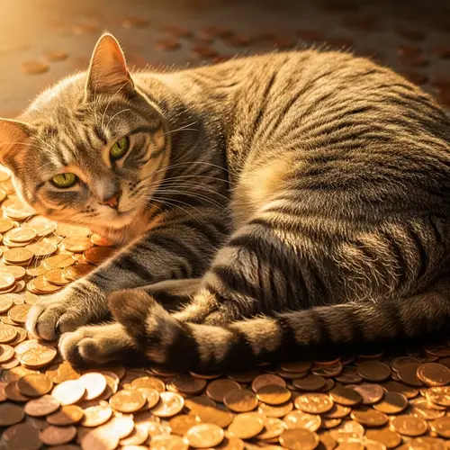 Grey Tabby Cat Relaxing on Penny Pile | Beautiful Coin Reflections