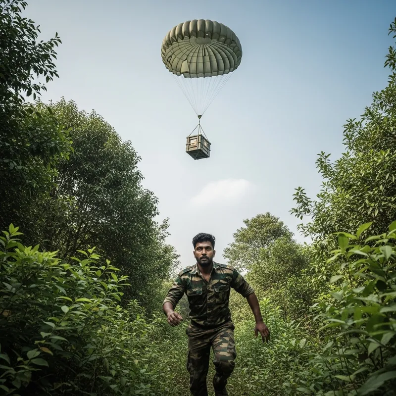 Thrilling Forest Airdrop: South Asian Man Pursuing Parcel