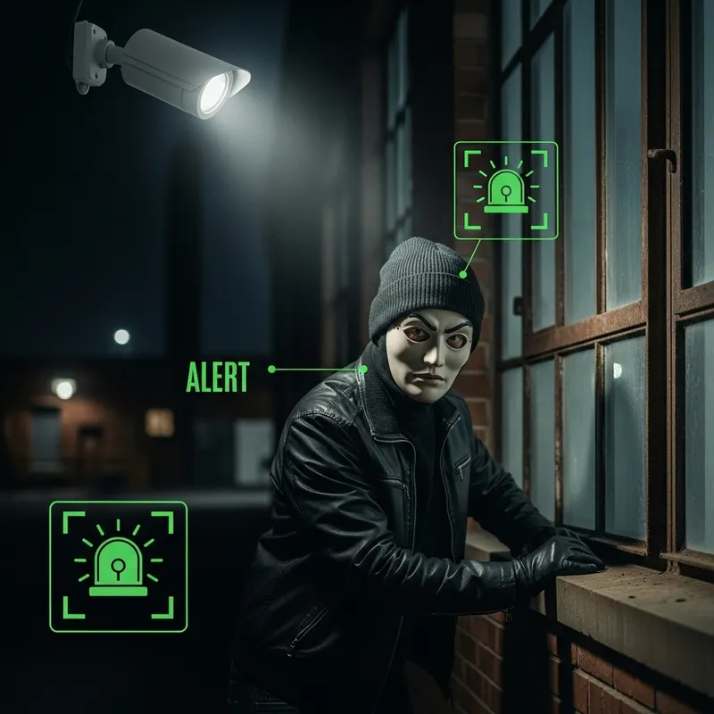 Sneaky Individual in Mask Near Factory Window at Night