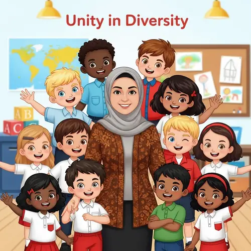 Educational Poster with Indonesian Teacher & Diverse Children