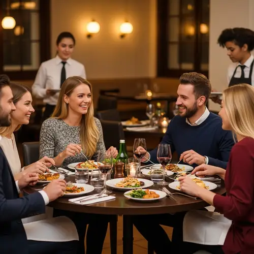 Joyful Dinner Gathering with Friends at Cozy Restaurant