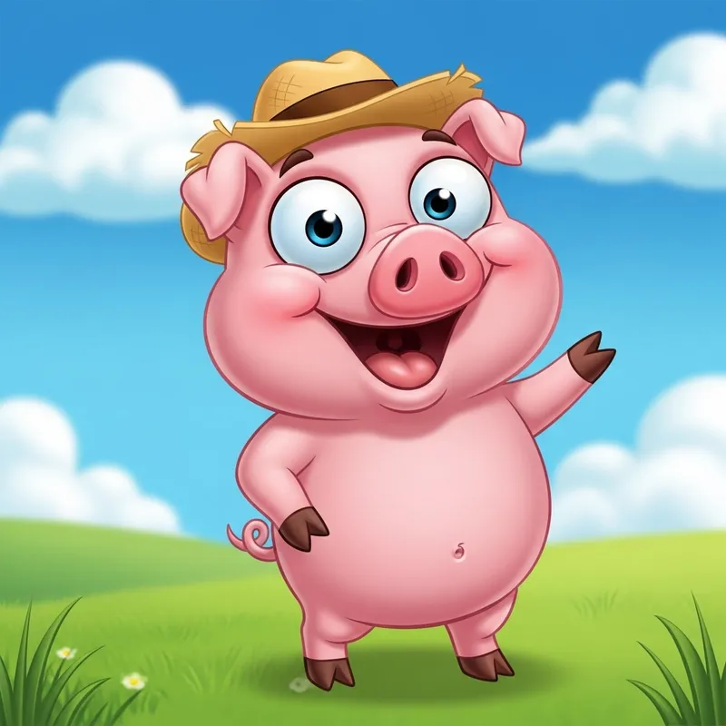 Humorous Pink Pig Cartoon | Sunny Meadow Scene Humorous Pink Pig Cartoon | Sunny Meadow Scene