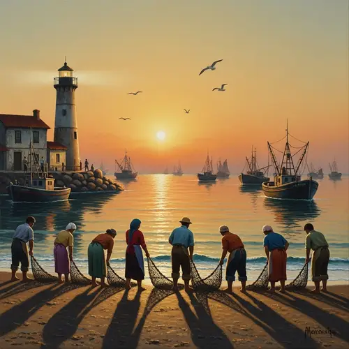 Peaceful Harbour Sunset Oil Painting