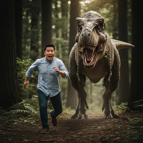Fearful Asian Adult Running from Tyrannosaurus Rex in Forest