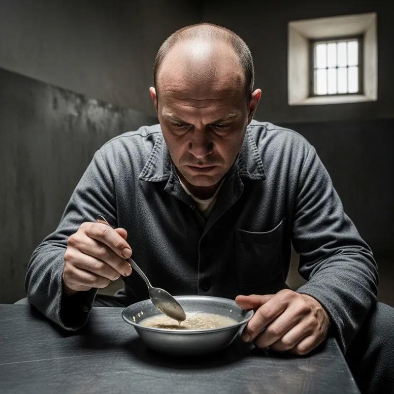 Bald Angry Prisoner Eating Gruel | Russian Prison 4K Photo Bald Angry Prisoner Eating Gruel | Russian Prison 4K Photo