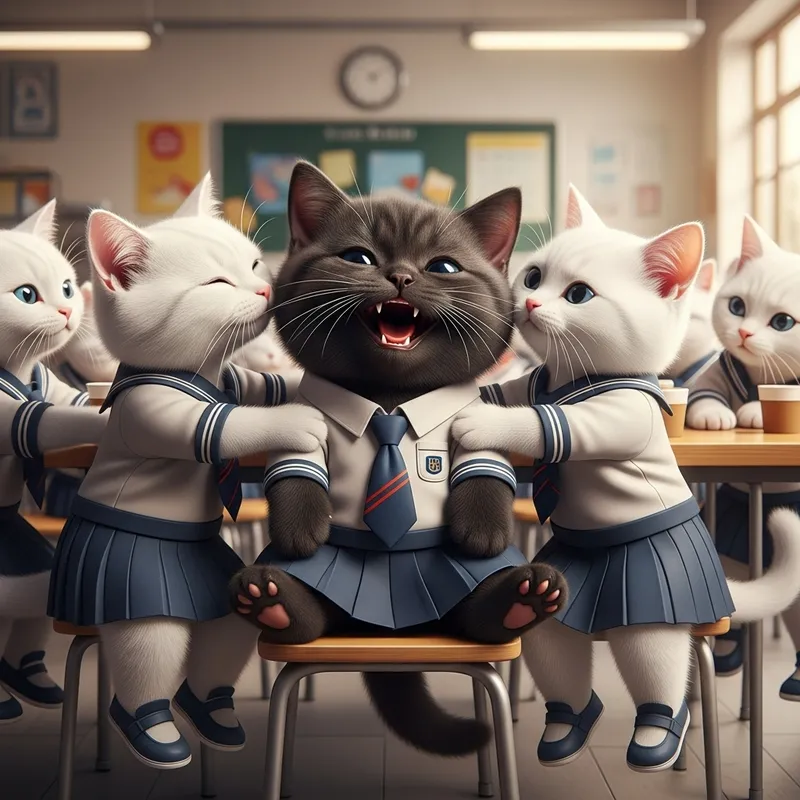 Realistic Cartoon Black British Shorthair Cat in School Cafeteria