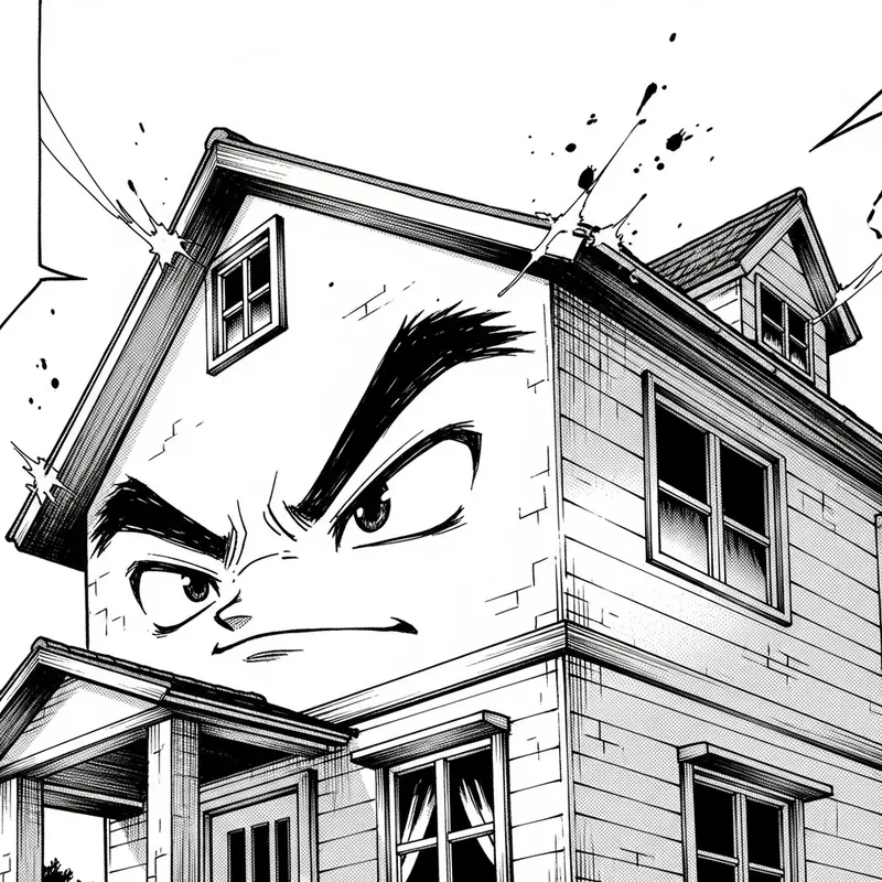 Stylized Manga House Illustration in Monochrome